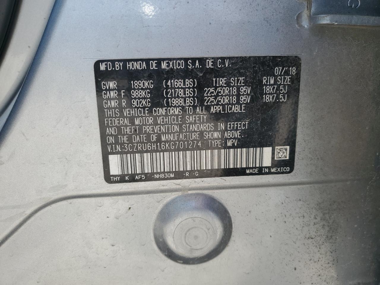 2019 Honda Hr-V Sport VIN: 3CZRU6H16KG701274 Lot: 66262385