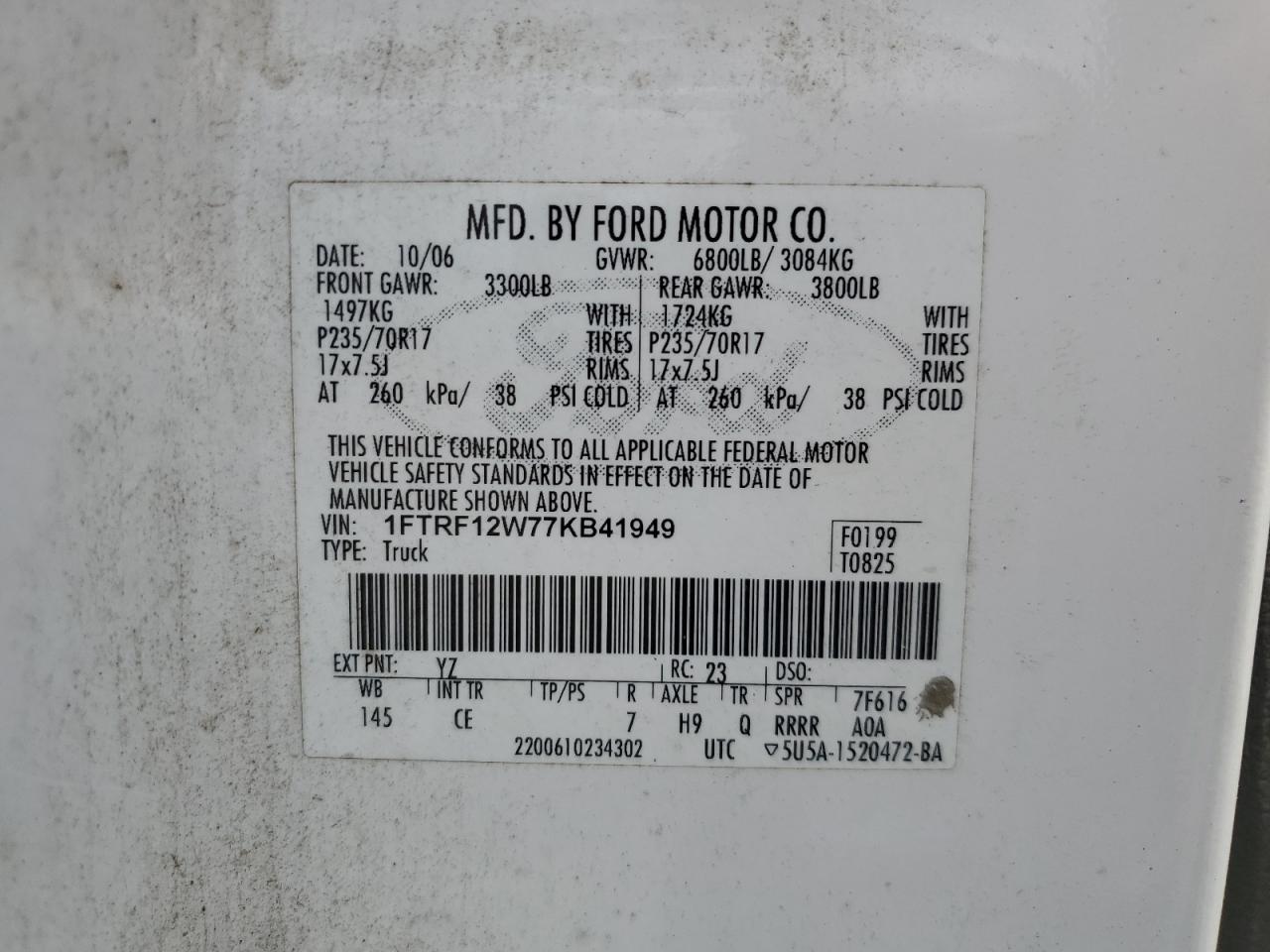 2007 Ford F150 VIN: 1FTRF12W77KB41949 Lot: 63021605