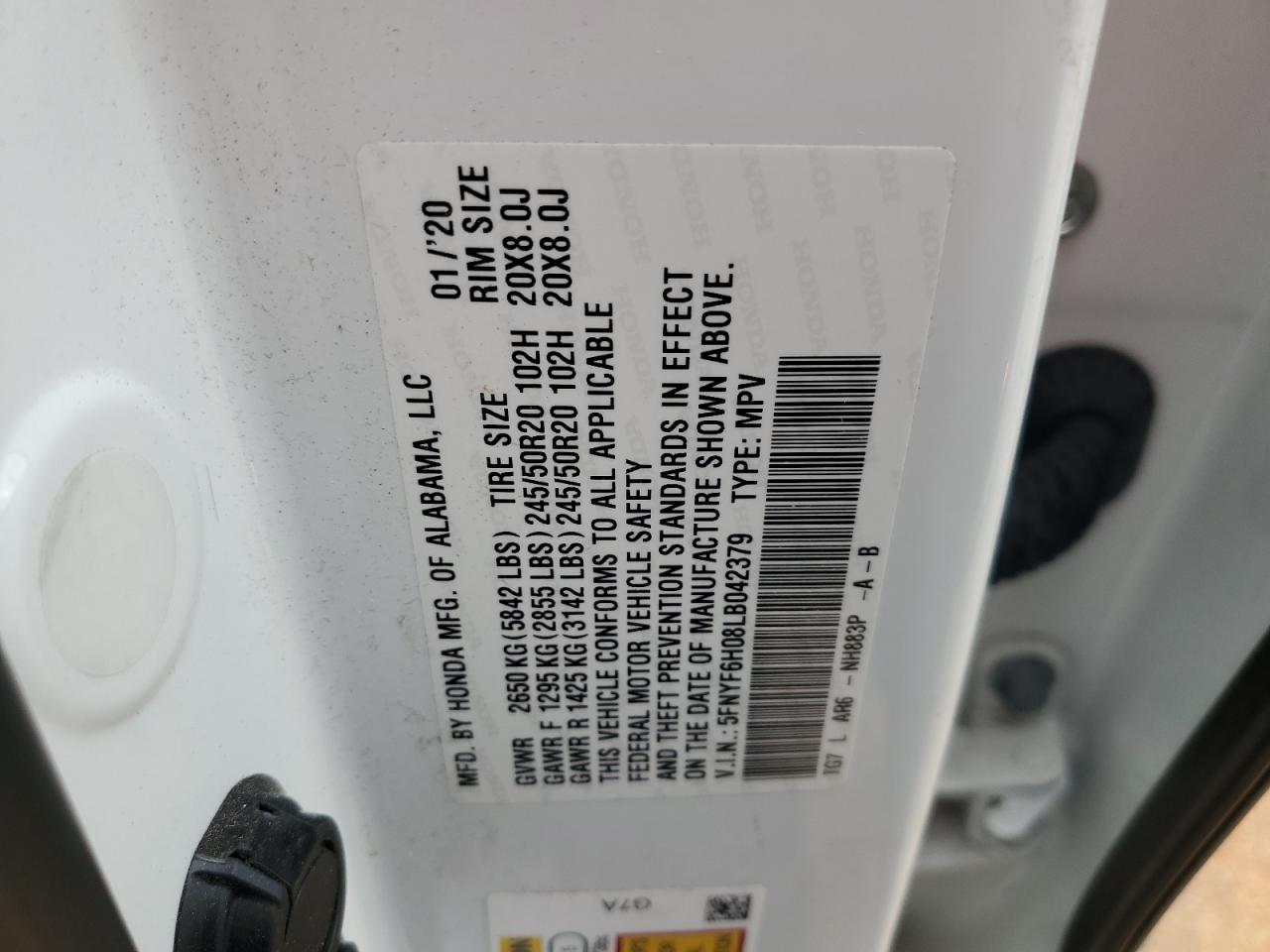 2020 Honda Pilot Elite VIN: 5FNYF6H08LB042379 Lot: 64852885