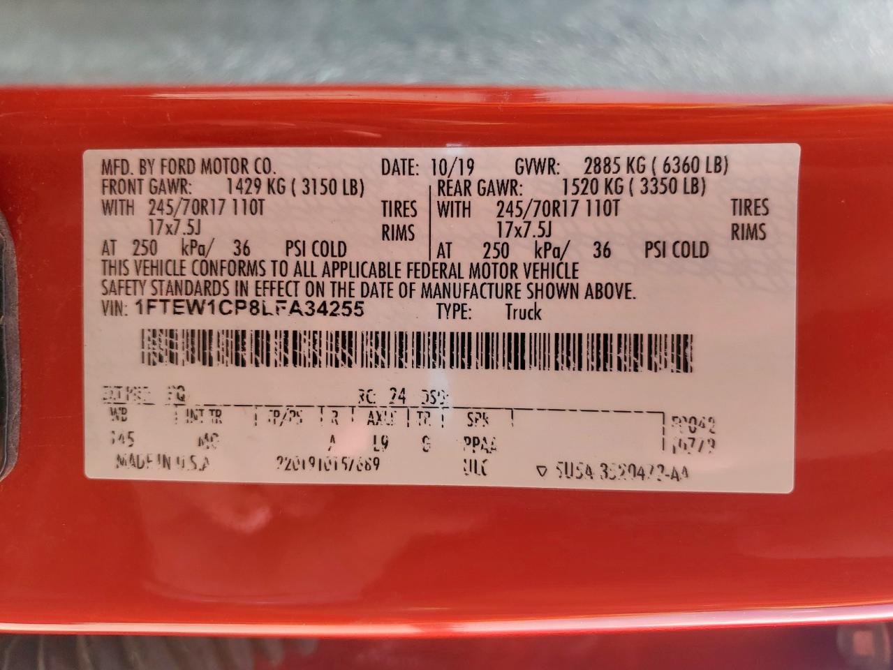 2020 Ford F150 Supercrew VIN: 1FTEW1CP8LFA34255 Lot: 65436555