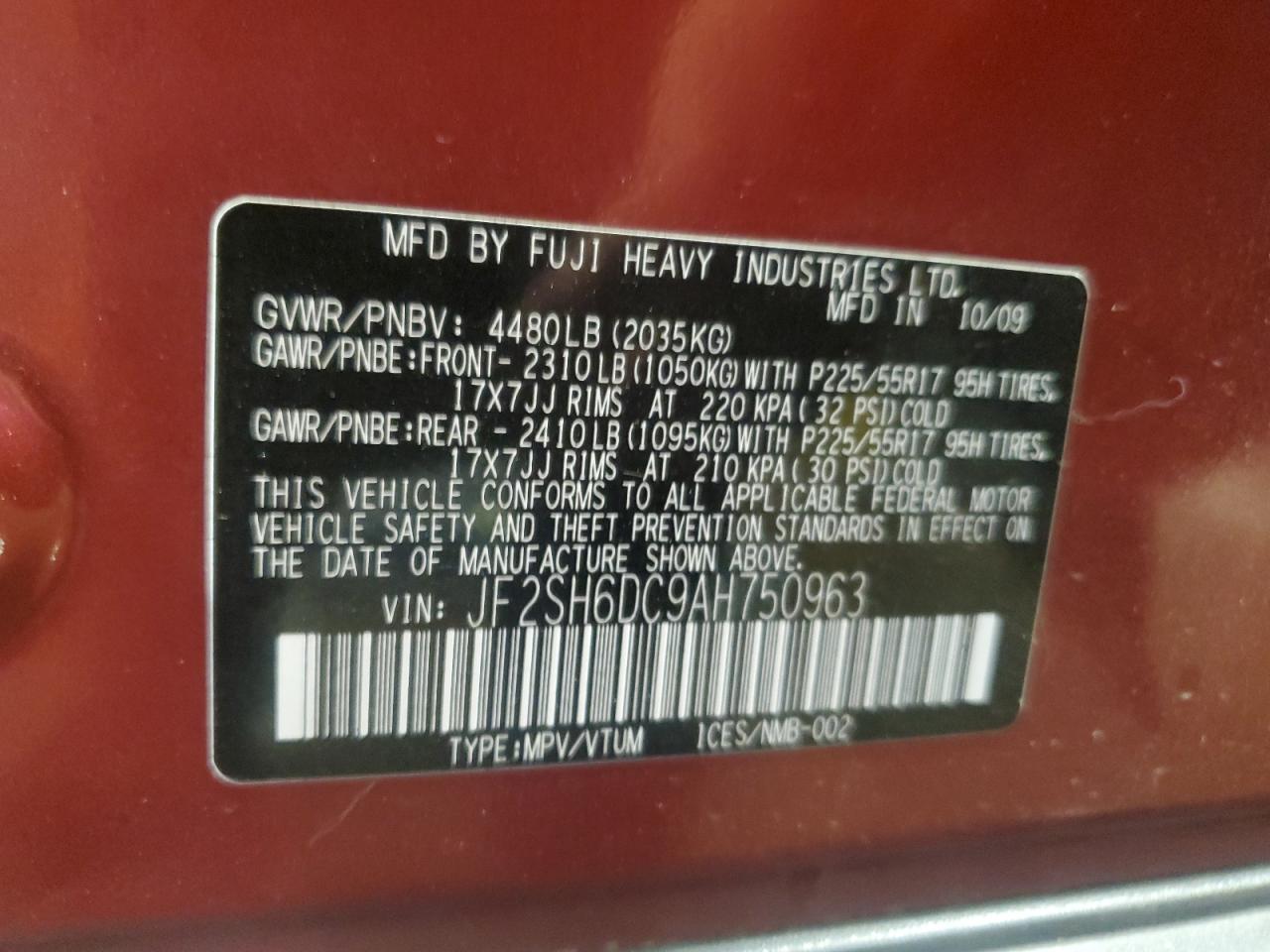 2010 Subaru Forester 2.5X Limited VIN: JF2SH6DC9AH750963 Lot: 63137025