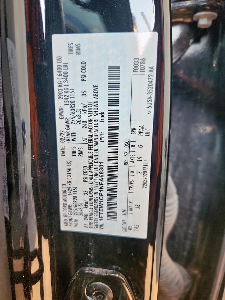2022 Ford F150 Supercrew VIN: 1FTEW1CP1NFA68301 Lot: 63865355