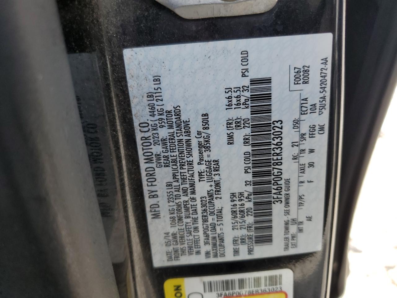 2014 Ford Fusion S VIN: 3FA6P0G78ER363023 Lot: 65226885