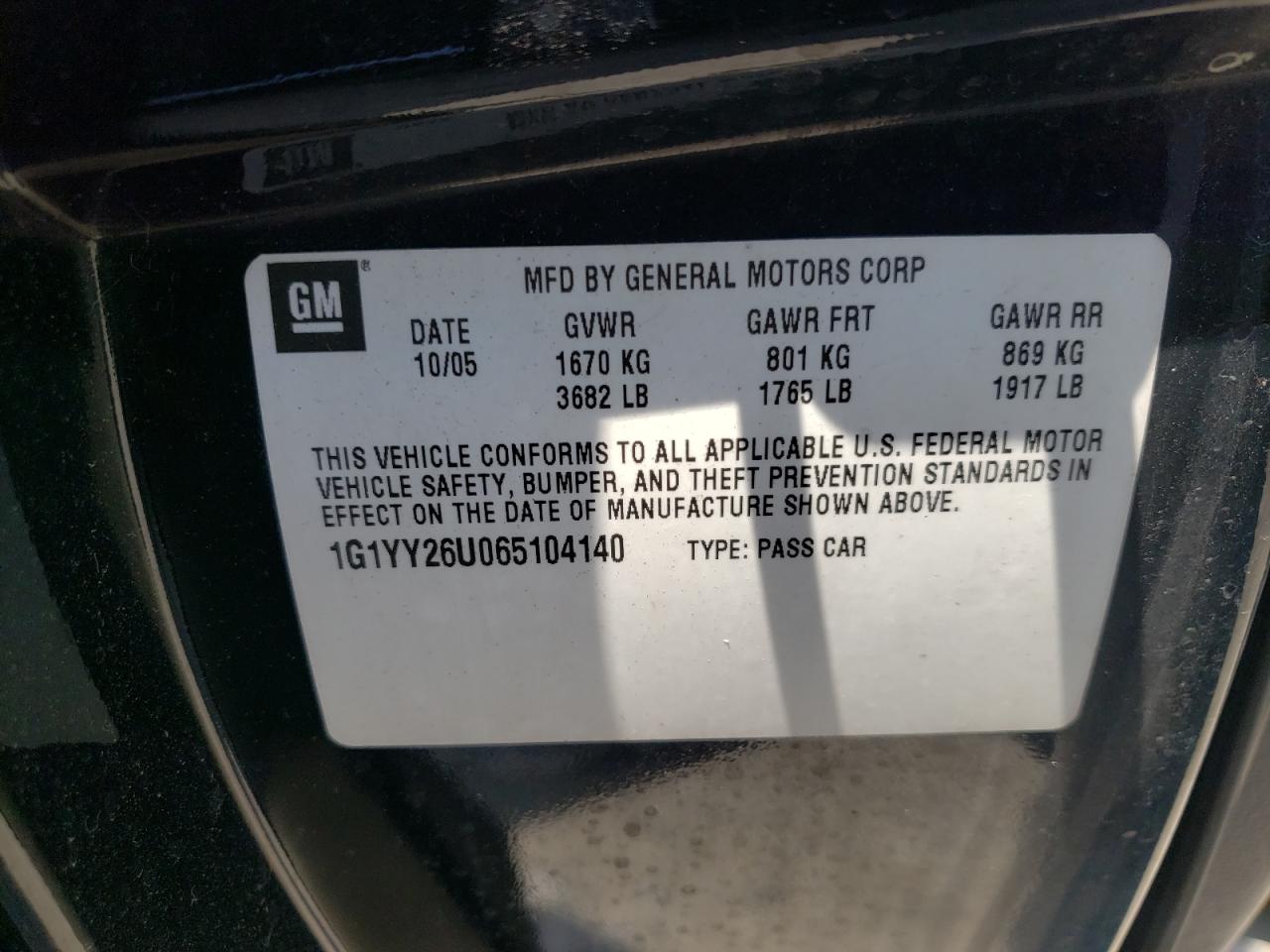 2006 Chevrolet Corvette VIN: 1G1YY26U065104140 Lot: 65324435