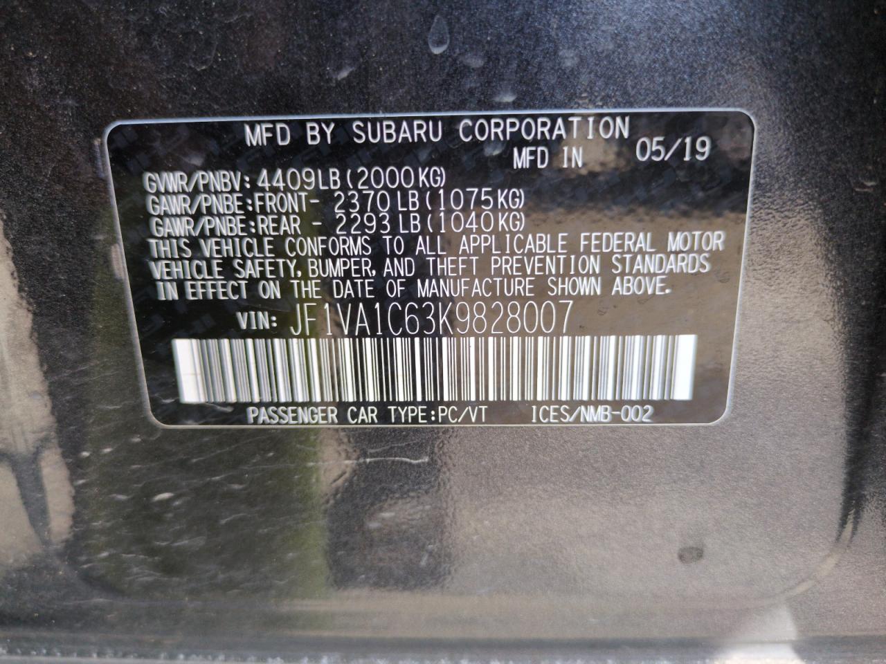 2019 Subaru Wrx Premium VIN: JF1VA1C63K9828007 Lot: 65068485