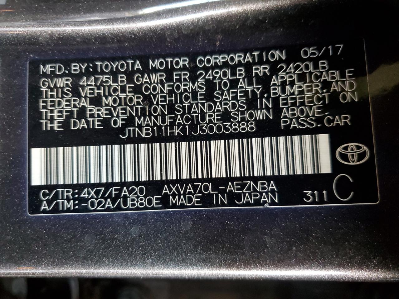 2018 Toyota Camry L VIN: JTNB11HK1J3003888 Lot: 65035215
