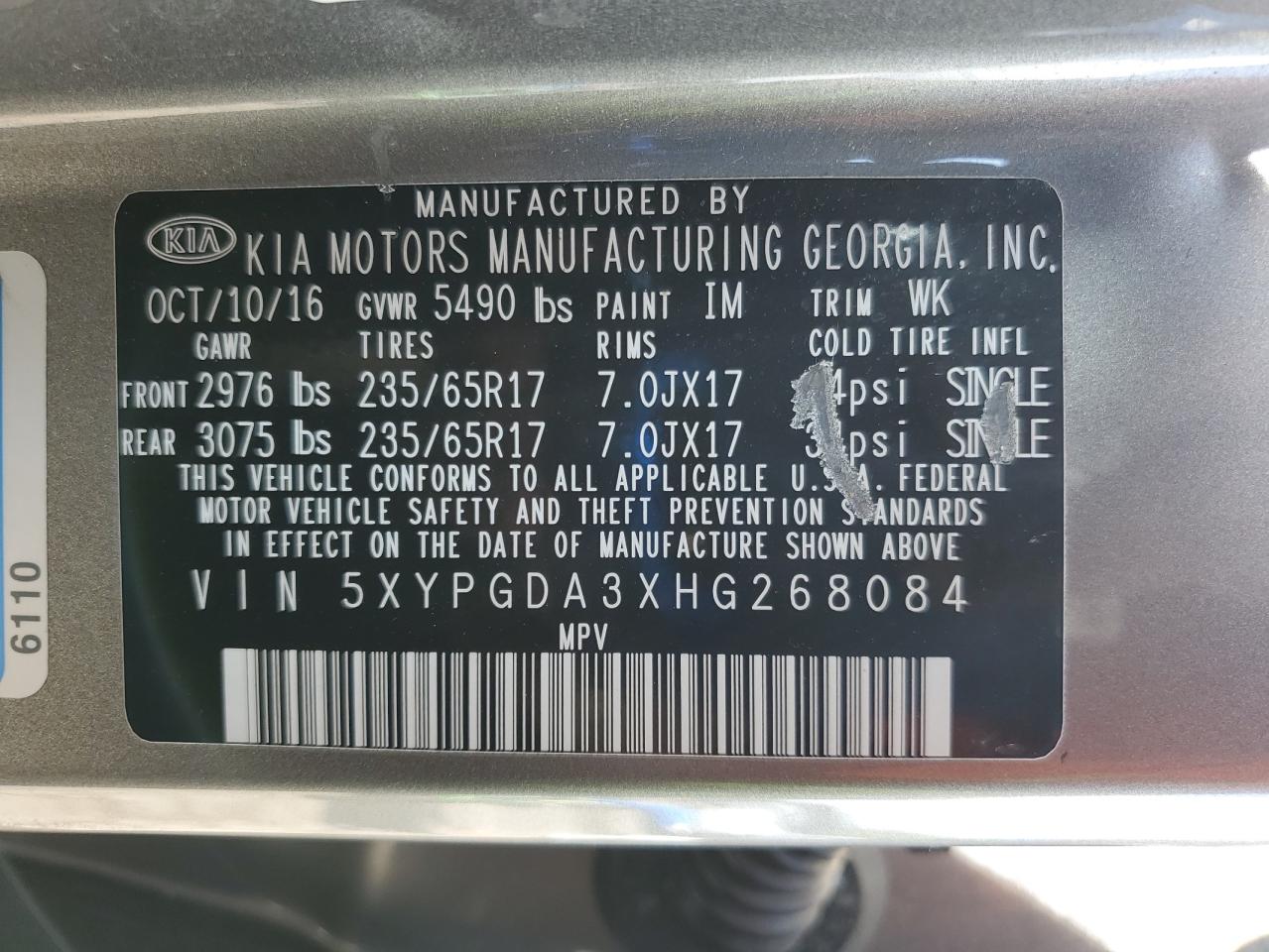 2017 Kia Sorento Lx VIN: 5XYPGDA3XHG268084 Lot: 65208855