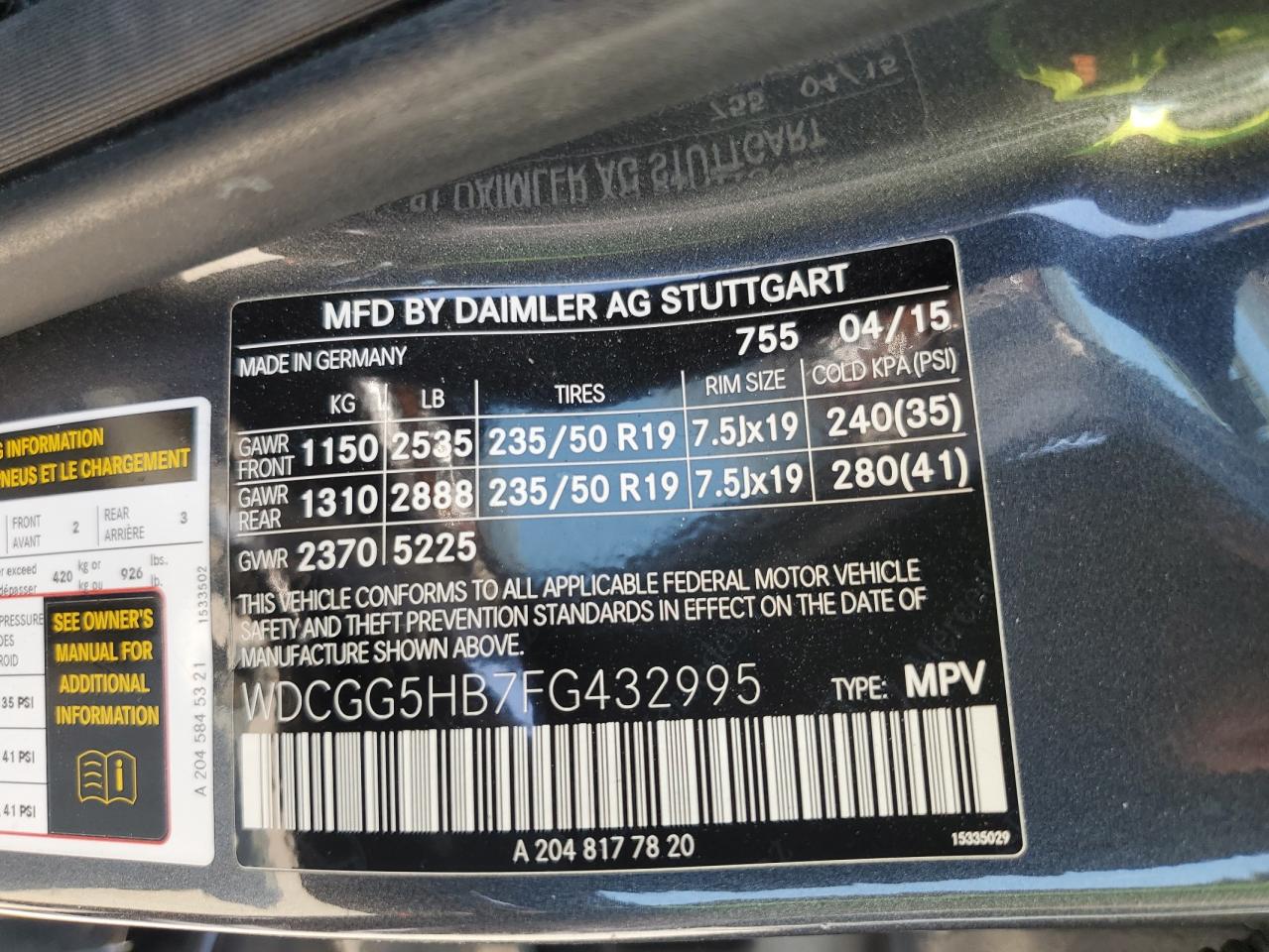 2015 Mercedes-Benz Glk 350 VIN: WDCGG5HB7FG432995 Lot: 64699235