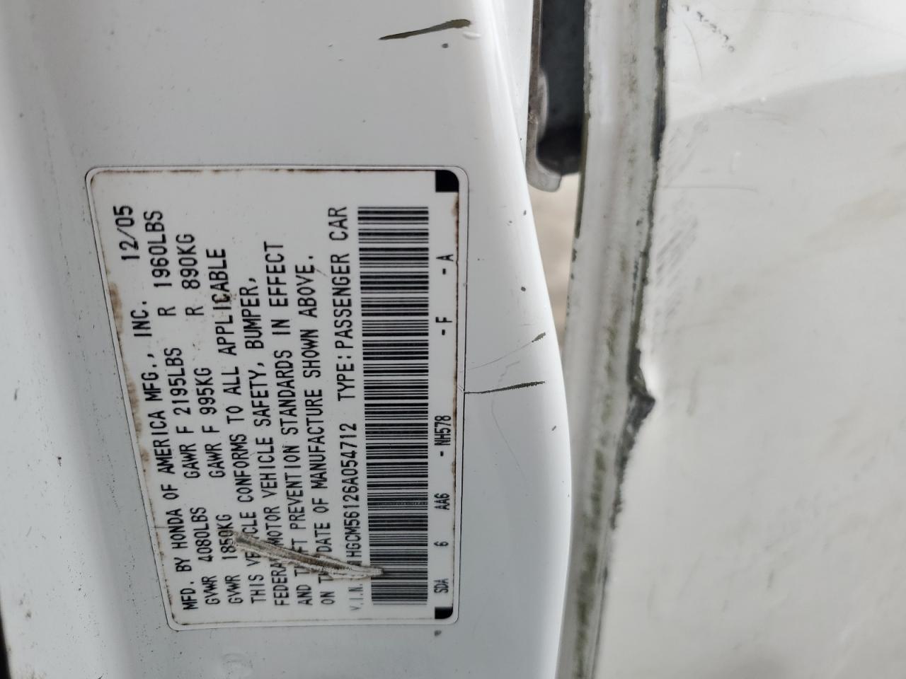 2006 Honda Accord Value VIN: 1HGCM56126A054712 Lot: 65925885