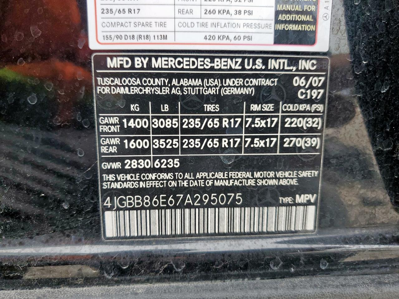2007 Mercedes-Benz Ml 350 VIN: 4JGBB86E67A295075 Lot: 65323605