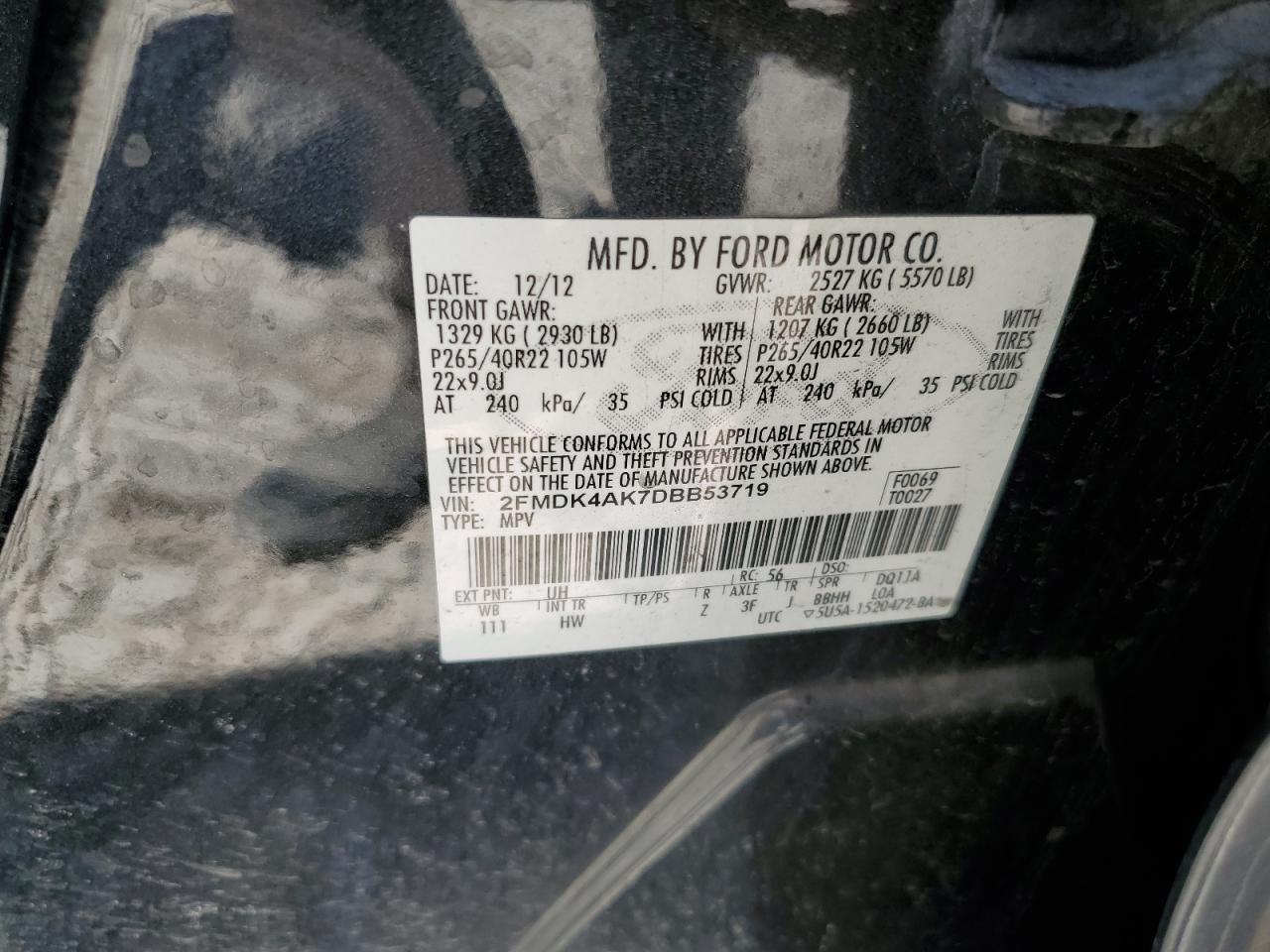 2013 Ford Edge Sport VIN: 2FMDK4AK7DBB53719 Lot: 63710675