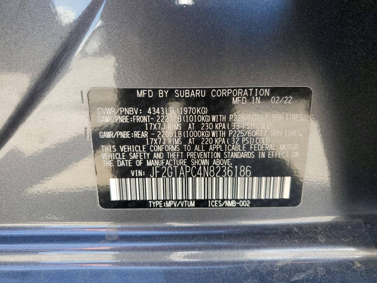 2022 Subaru Crosstrek Premium VIN: JF2GTAPC4N8236186 Lot: 63498555