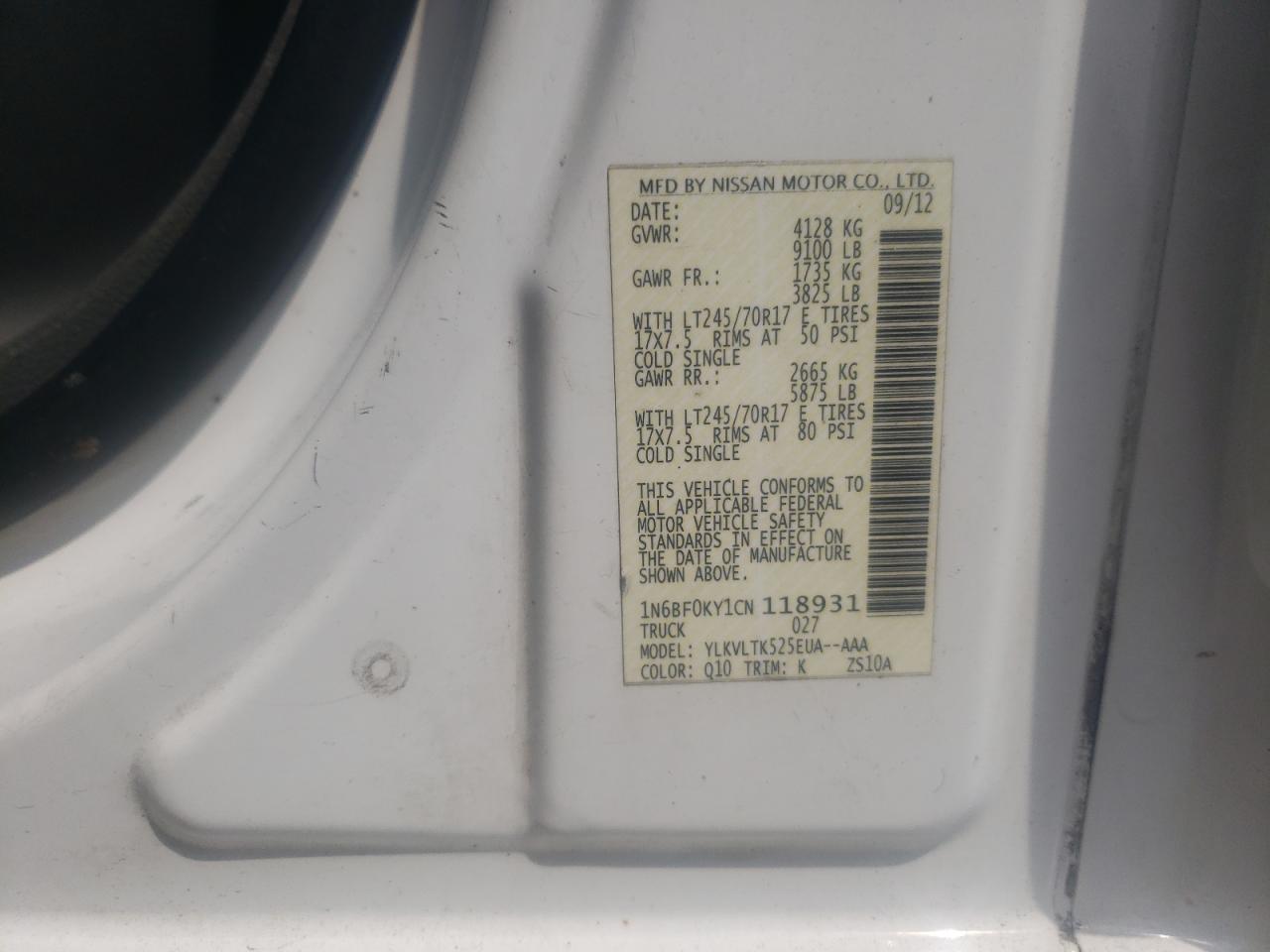 2012 Nissan Nv 1500 VIN: 1N6BF0KY1CN118931 Lot: 63389005