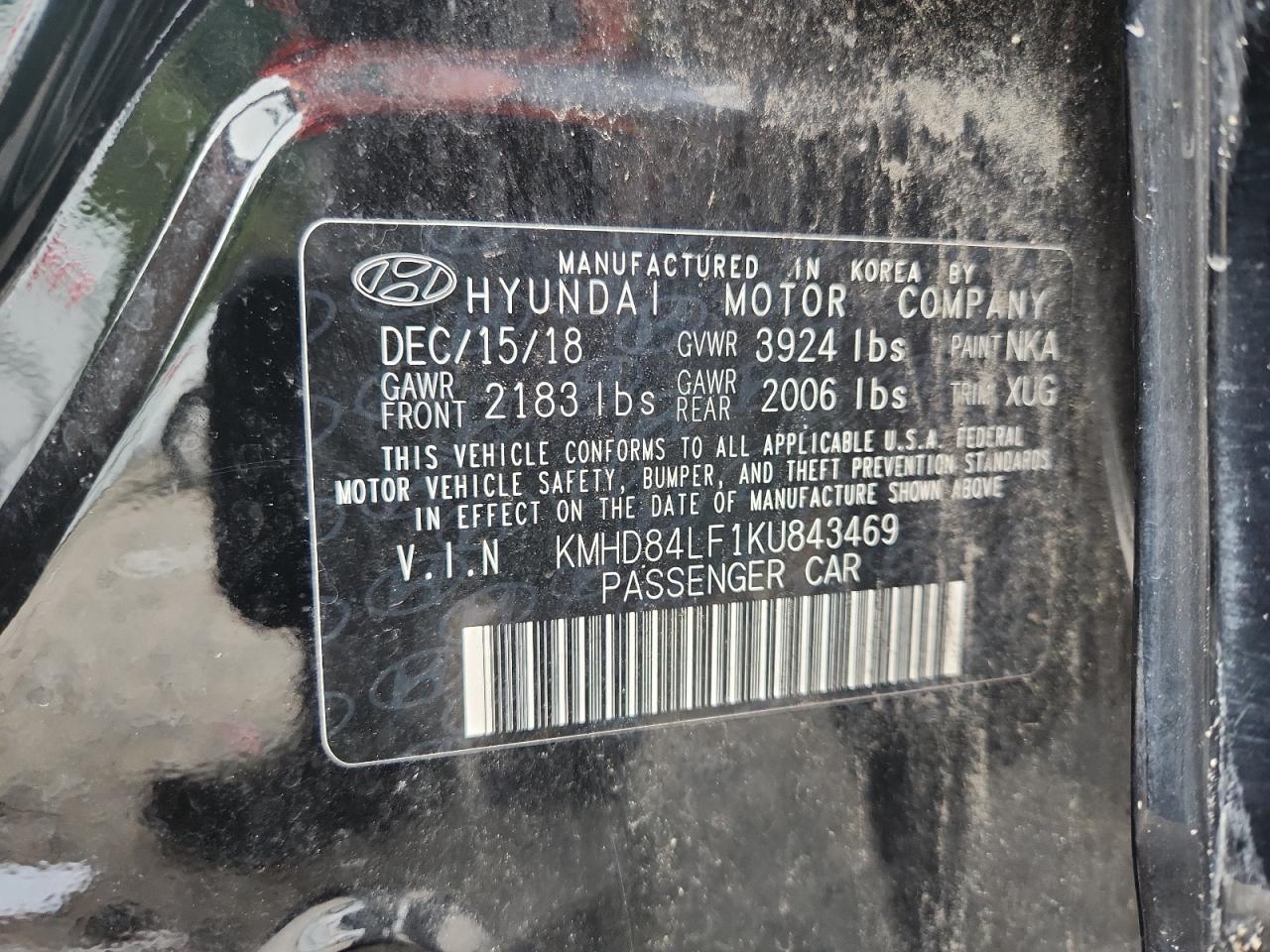 2019 Hyundai Elantra Sel VIN: KMHD84LF1KU843469 Lot: 64424695