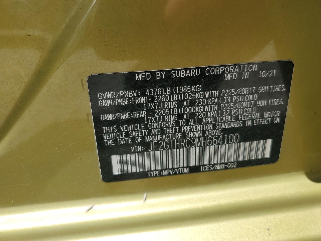 2021 Subaru Crosstrek Sport VIN: JF2GTHRC9MH664100 Lot: 64847415