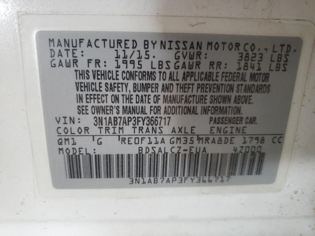 2015 Nissan Sentra S VIN: 3N1AB7AP3FY366717 Lot: 65130845