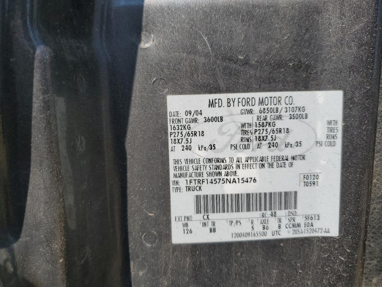 2005 Ford F150 VIN: 1FTRF14575NA15476 Lot: 65002405