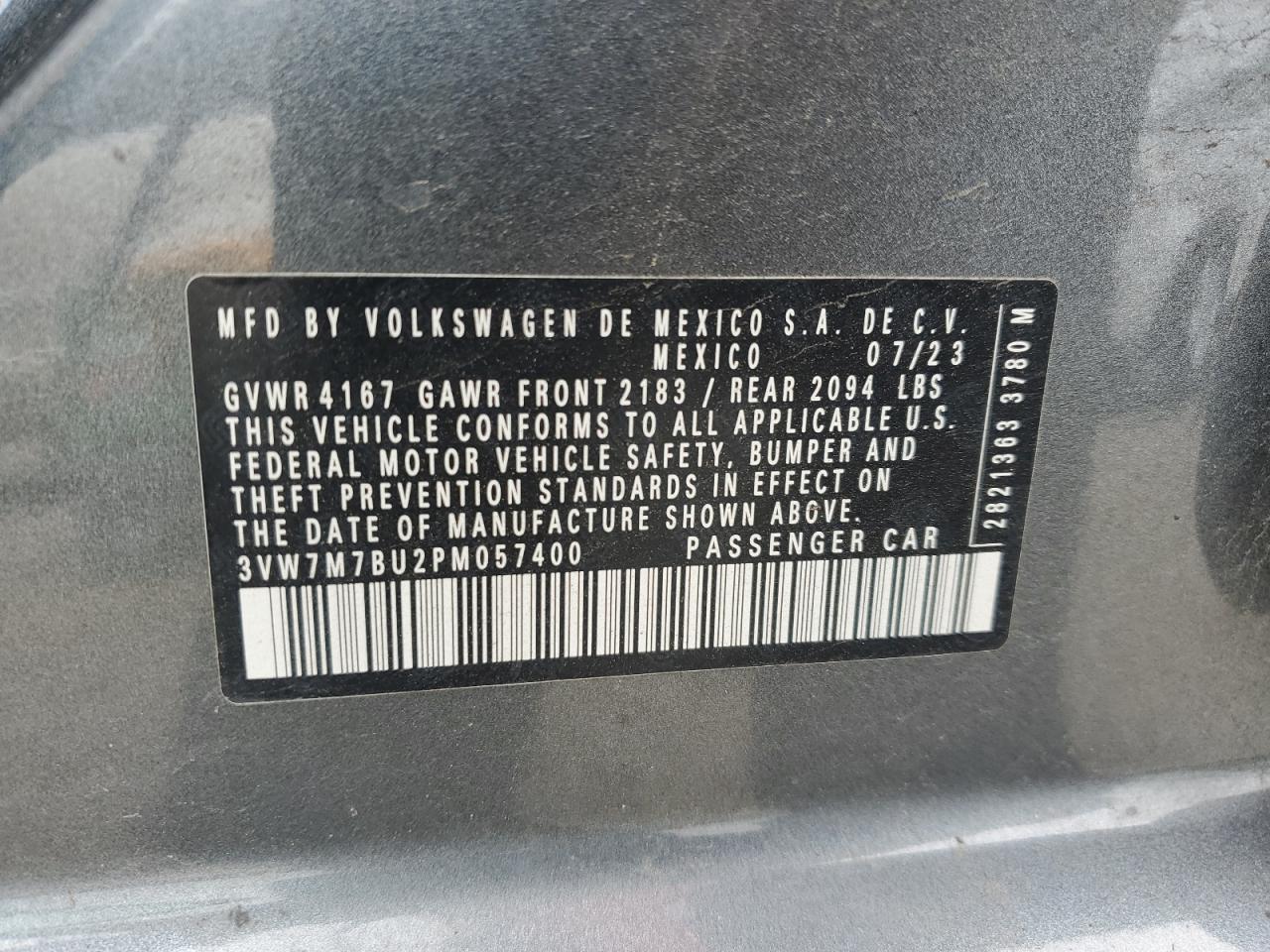 2023 Volkswagen Jetta Se VIN: 3VW7M7BU2PM057400 Lot: 64662145