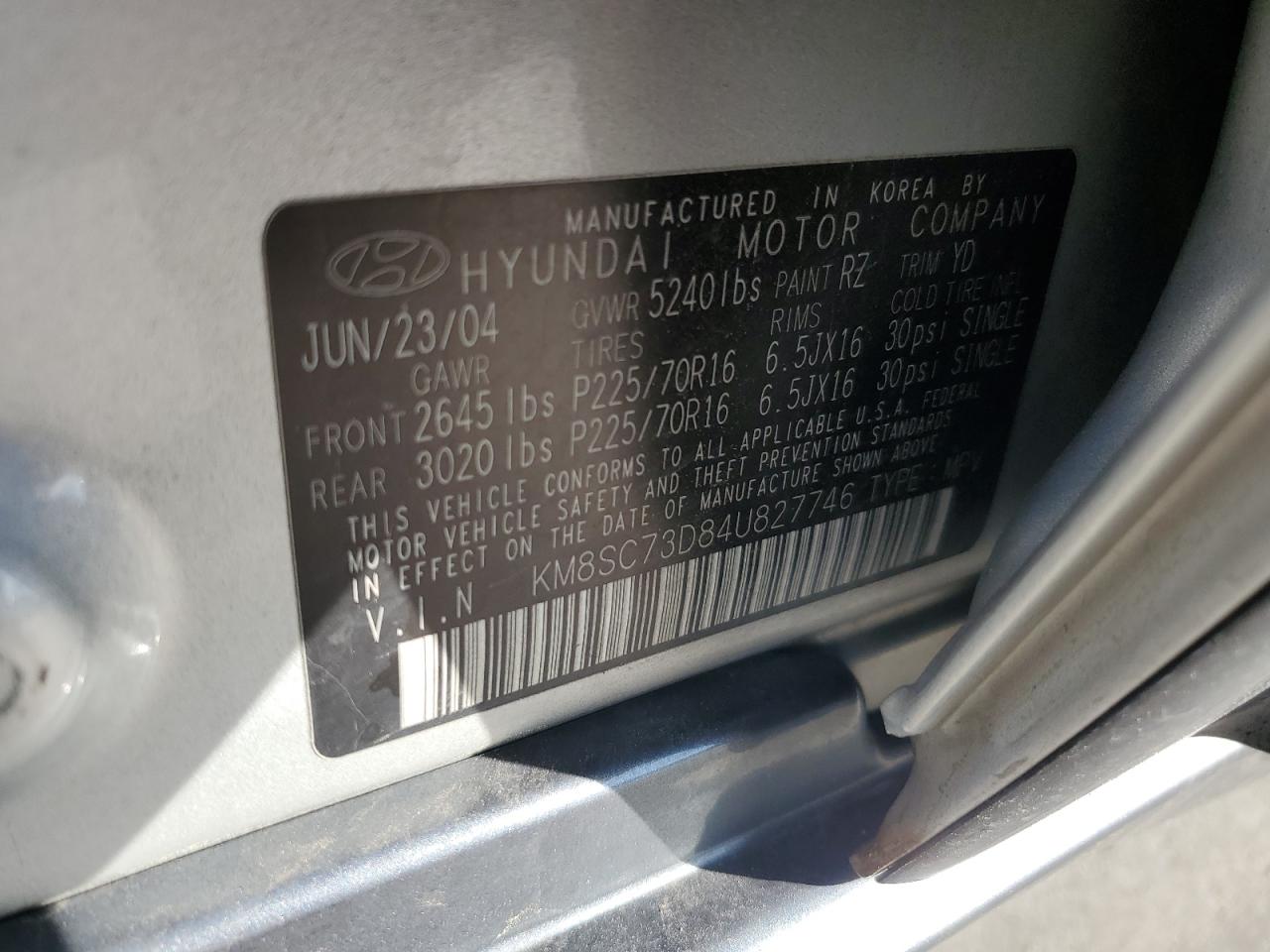 2004 Hyundai Santa Fe Gls VIN: KM8SC73D84U827746 Lot: 62704325