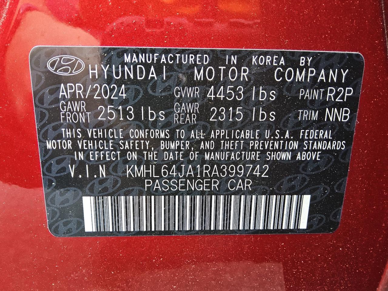 2024 Hyundai Sonata Sel VIN: KMHL64JA1RA399742 Lot: 64743965