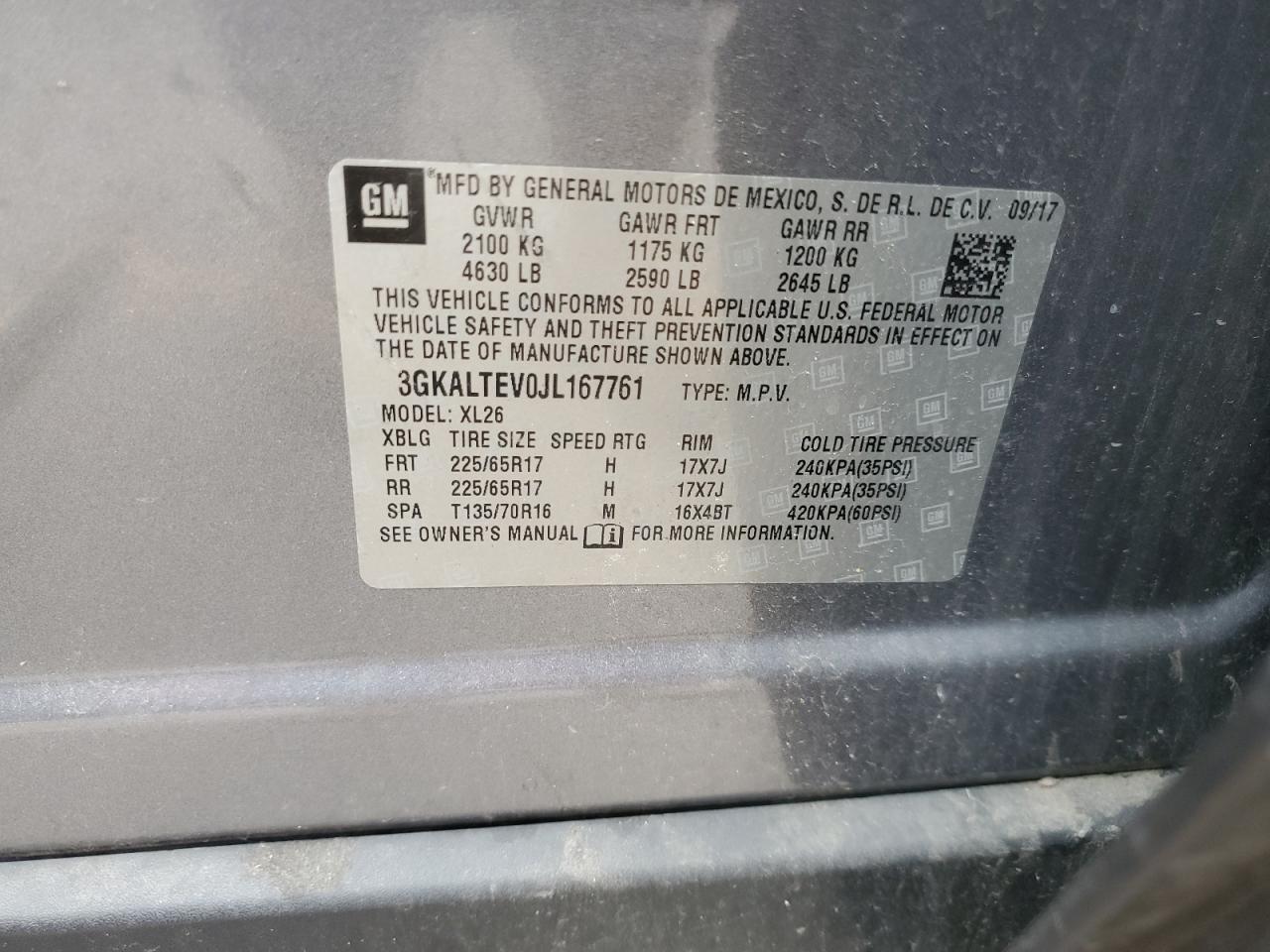 2018 GMC Terrain Sle VIN: 3GKALTEV0JL167761 Lot: 65350205
