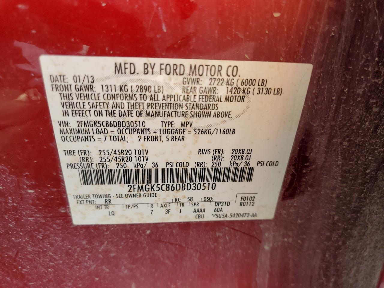 2013 Ford Flex Sel VIN: 2FMGK5C86DBD30510 Lot: 63029205