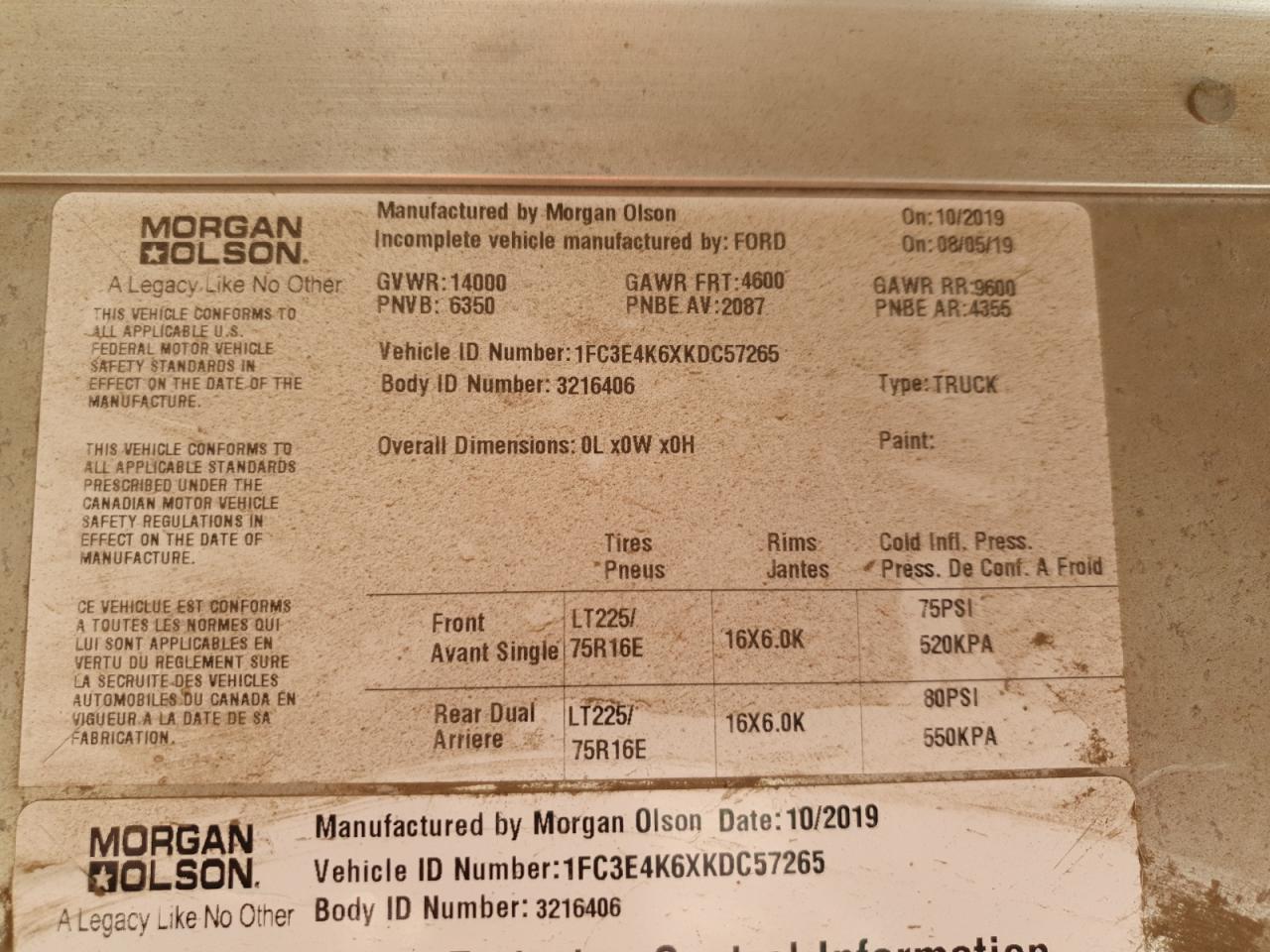 2019 Ford Econoline E450 Super Duty Commercial Stripped Chassis VIN: 1FC3E4K6XKDC57265 Lot: 65808255