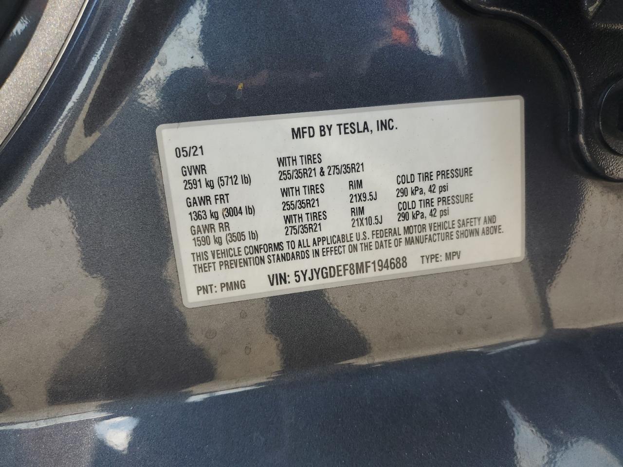 2021 Tesla Model Y VIN: 5YJYGDEF8MF194688 Lot: 64663755