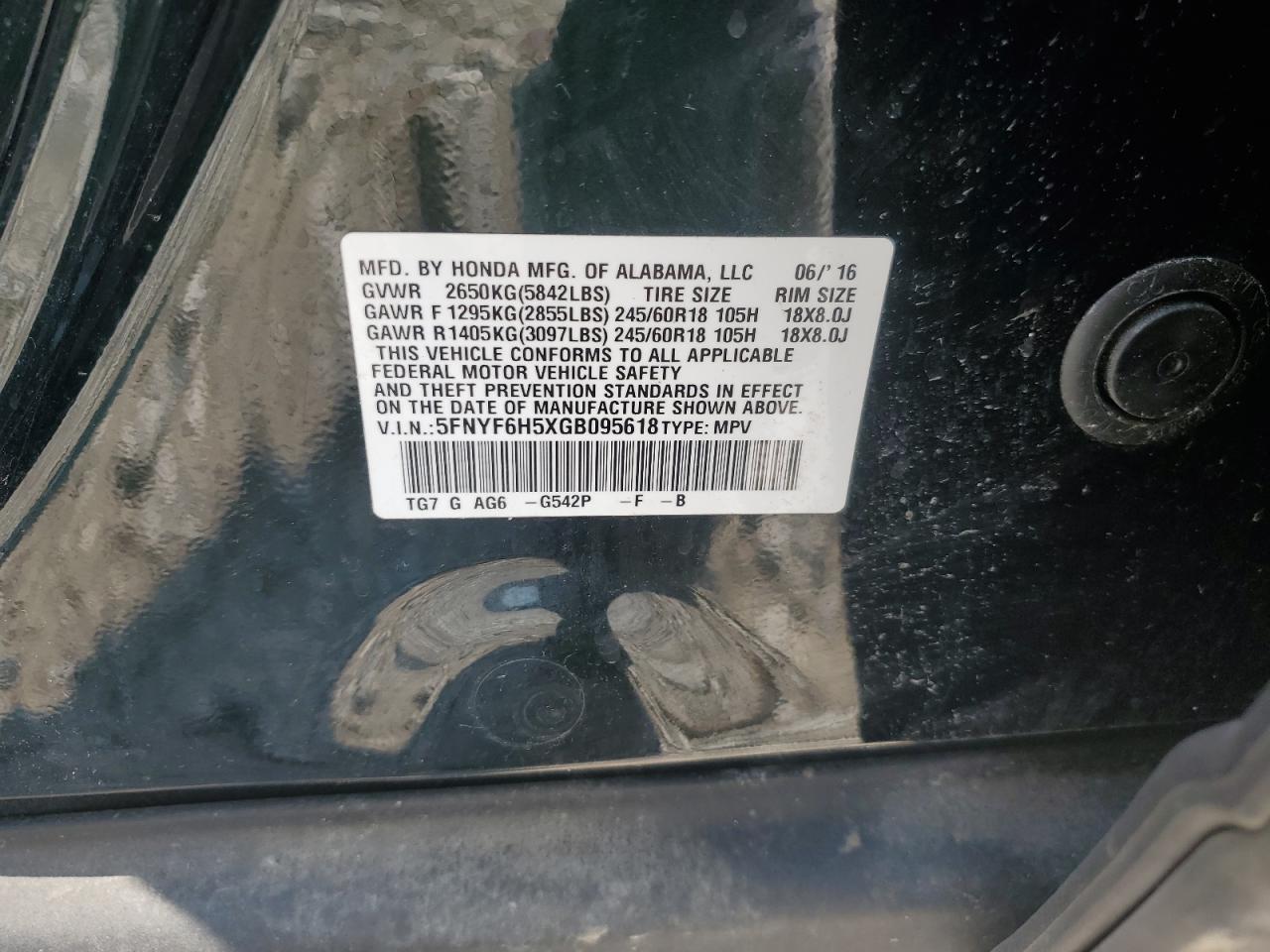 2016 Honda Pilot Exl VIN: 5FNYF6H5XGB095618 Lot: 63110065
