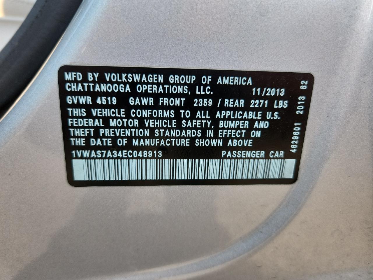 2014 Volkswagen Passat S VIN: 1VWAS7A34EC048913 Lot: 64833545