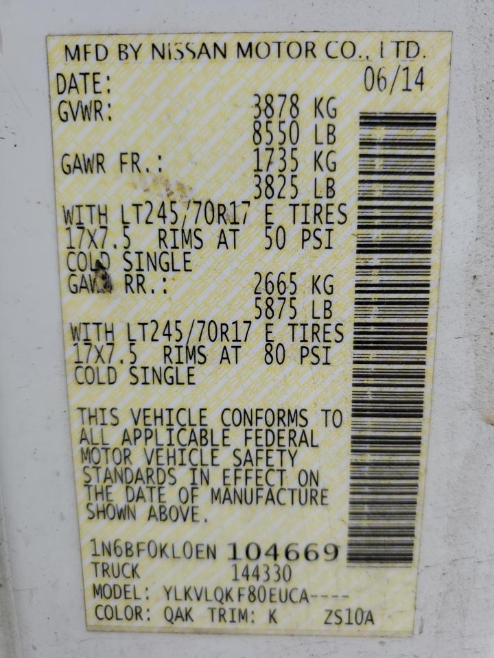 2014 Nissan Nv 1500 VIN: 1N6BF0KL0EN104669 Lot: 63537835