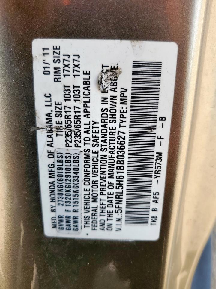 2011 Honda Odyssey Exl VIN: 5FNRL5H61BB036627 Lot: 65472065