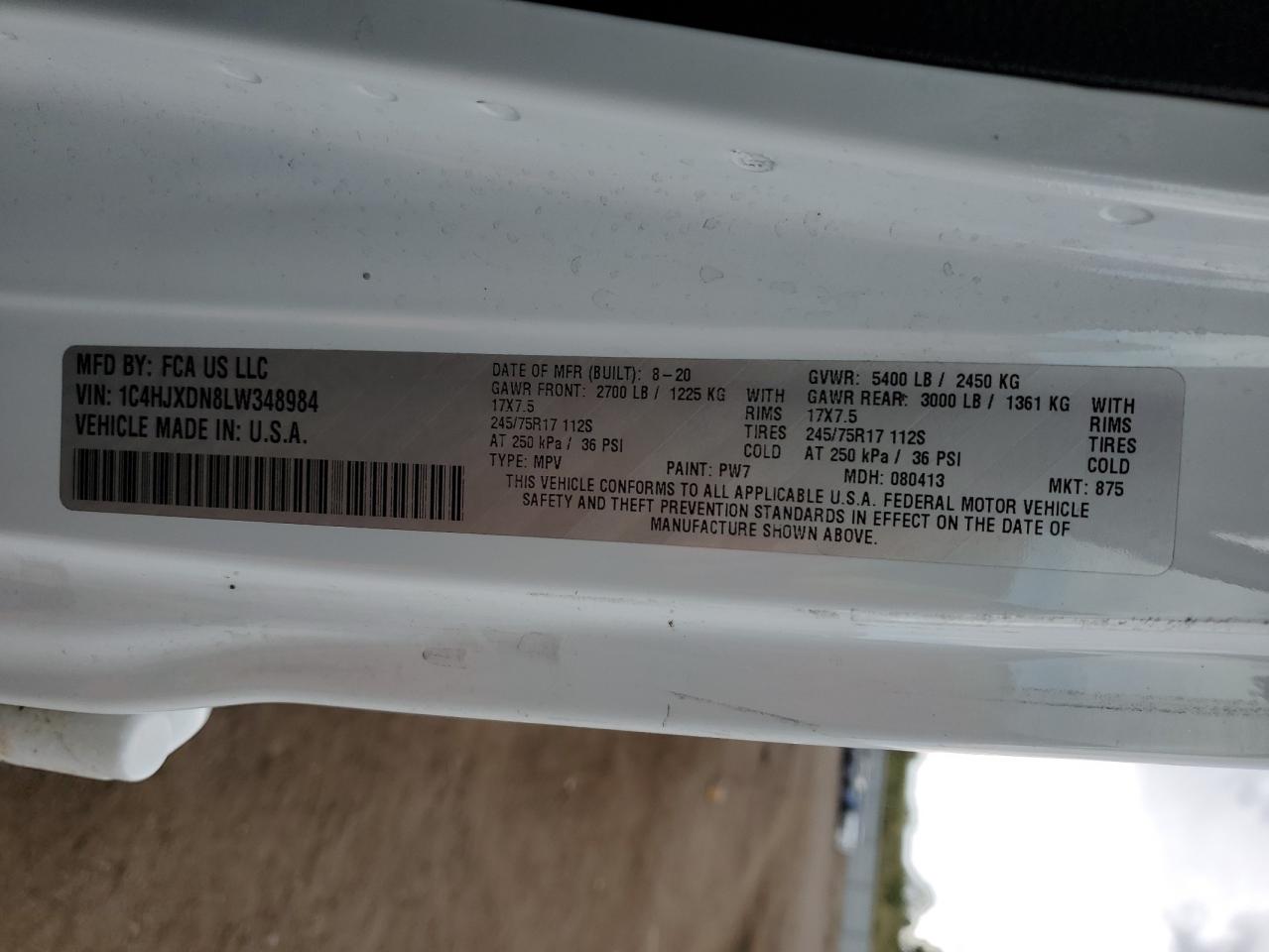 2020 Jeep Wrangler Unlimited Sport VIN: 1C4HJXDN8LW348984 Lot: 64854365