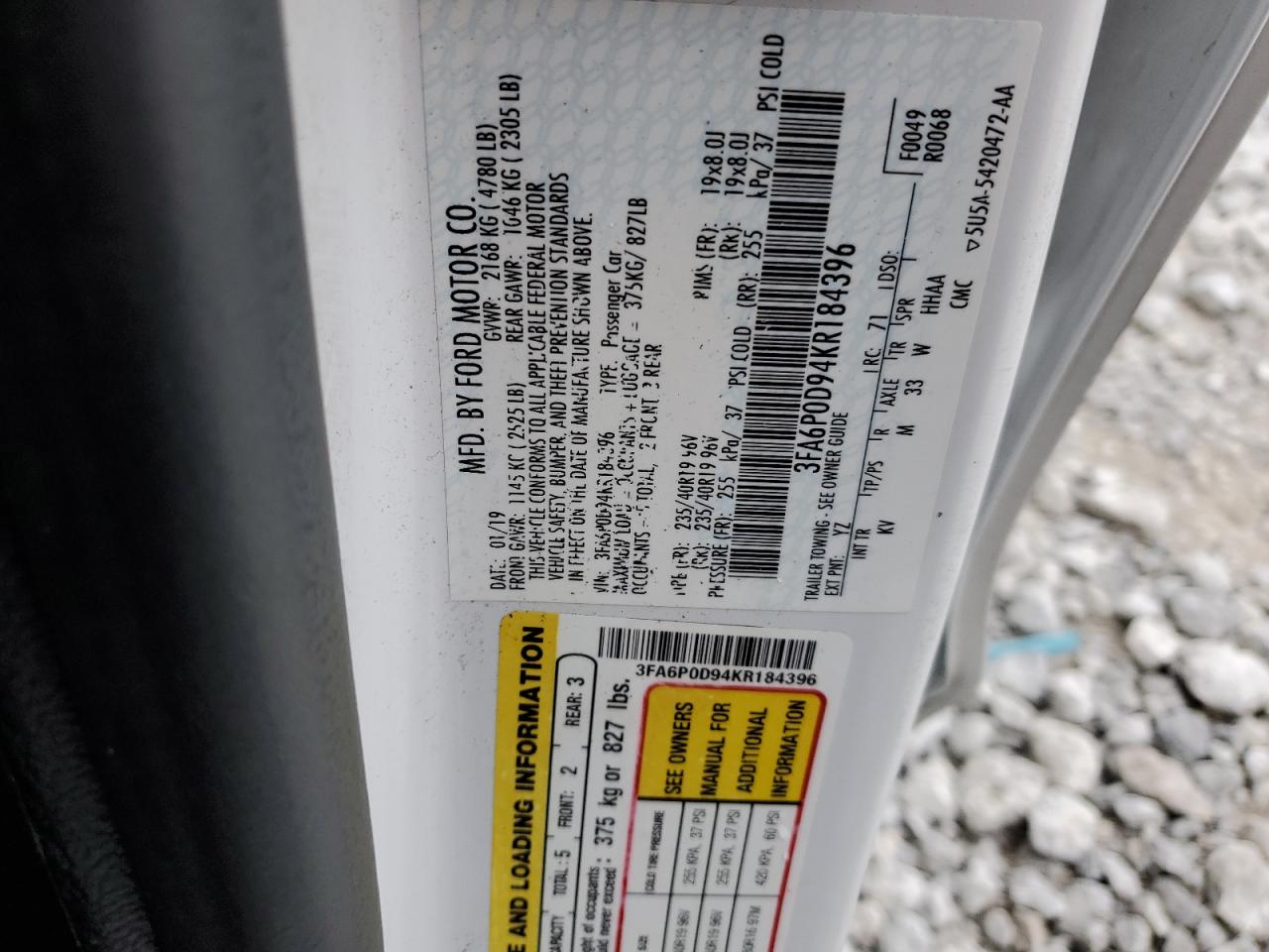 2019 Ford Fusion Titanium VIN: 3FA6P0D94KR184396 Lot: 65398405