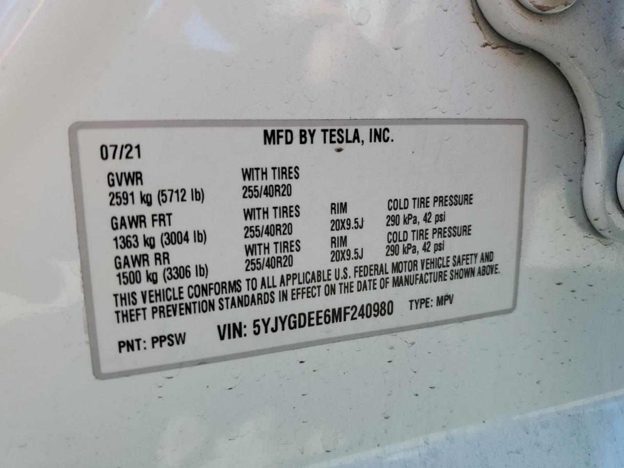 2021 Tesla Model Y VIN: 5YJYGDEE6MF240980 Lot: 64789235
