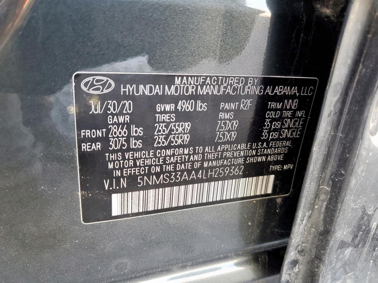 2020 Hyundai Santa Fe Sel VIN: 5NMS33AA4LH259362 Lot: 64322625