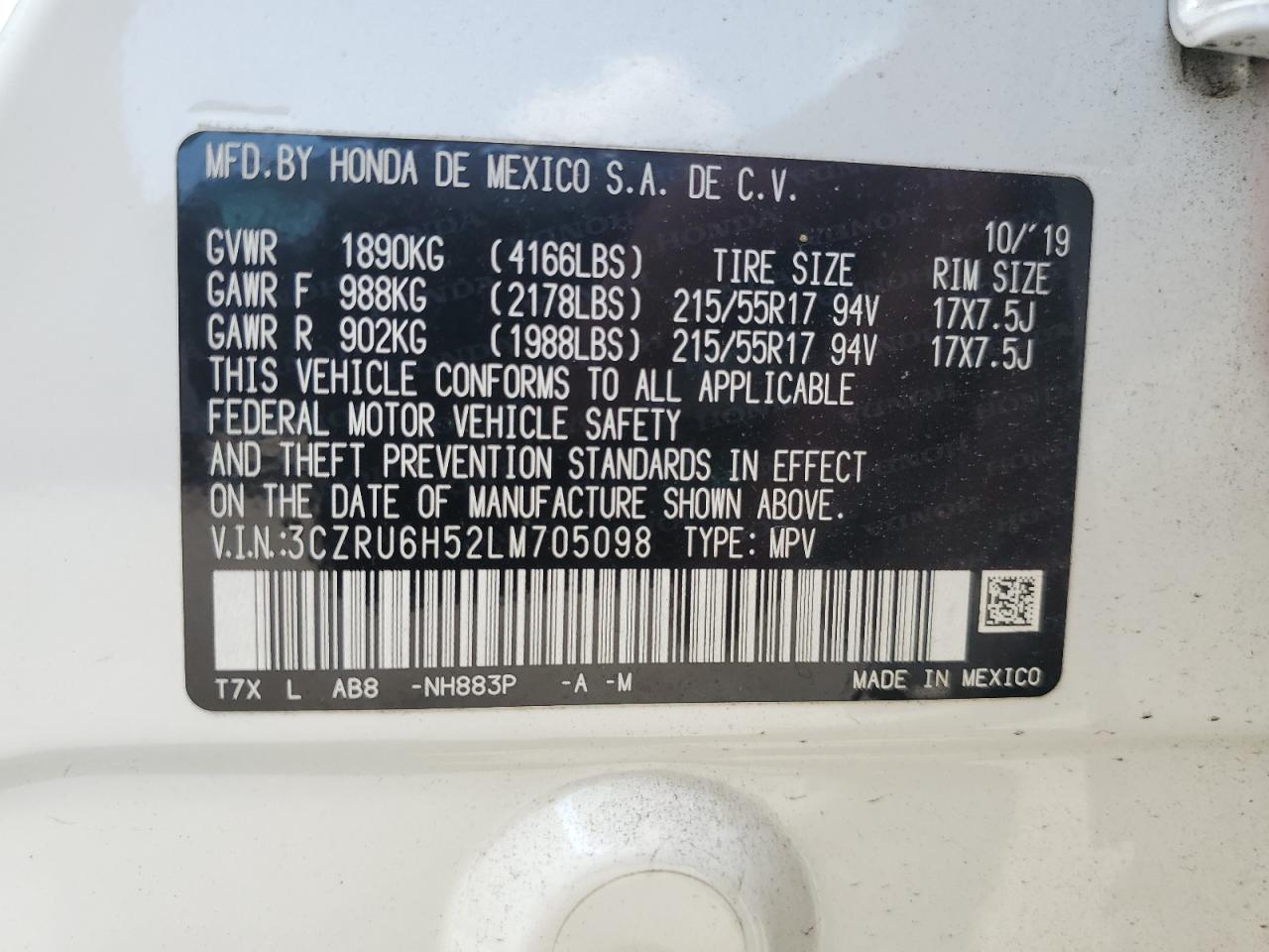 2020 Honda Hr-V Ex VIN: 3CZRU6H52LM705098 Lot: 64395625