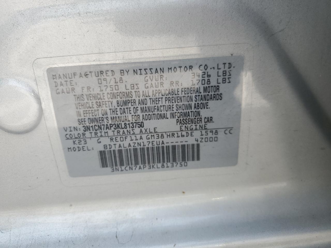 2019 Nissan Versa S VIN: 3N1CN7AP3KL813750 Lot: 65119575