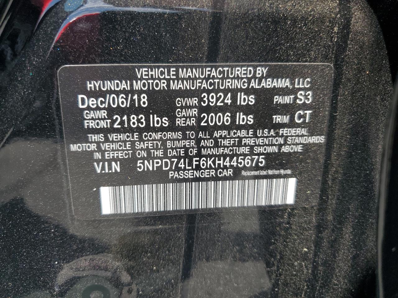 2019 Hyundai Elantra Se VIN: 5NPD74LF6KH445675 Lot: 64793905