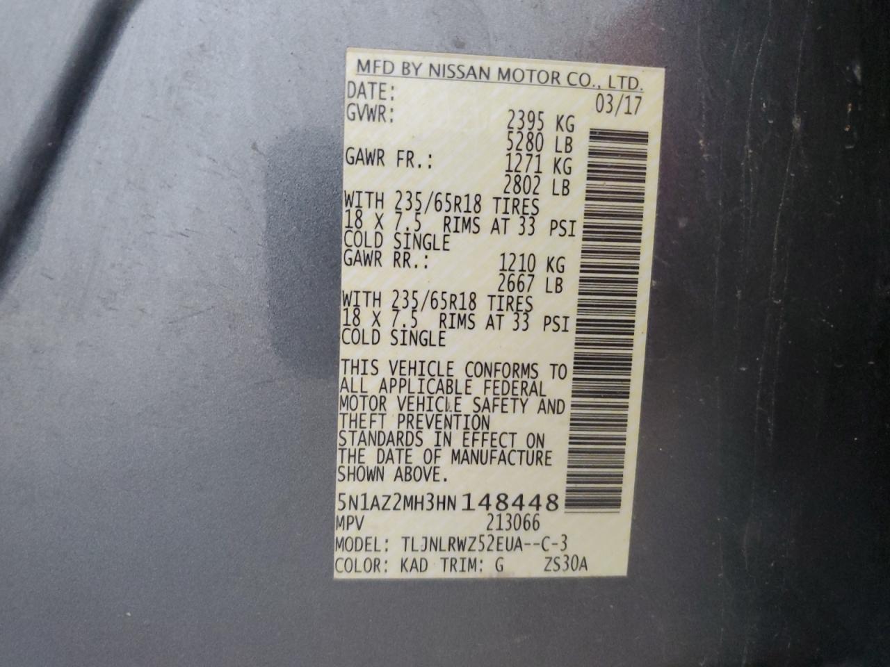 2017 Nissan Murano S VIN: 5N1AZ2MH3HN148448 Lot: 63399365