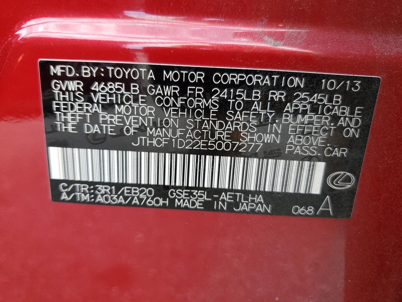 2014 Lexus Is 250 VIN: JTHCF1D22E5007277 Lot: 65407415