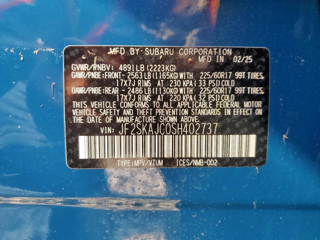2025 Subaru Forester Wilderness VIN: JF2SKAJC0SH402737 Lot: 64830045