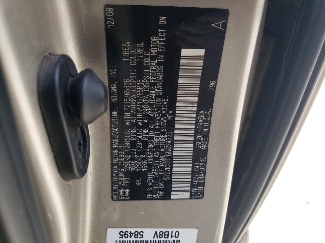 2009 Toyota Sienna Ce VIN: 5TDZK23C19S274336 Lot: 63631825