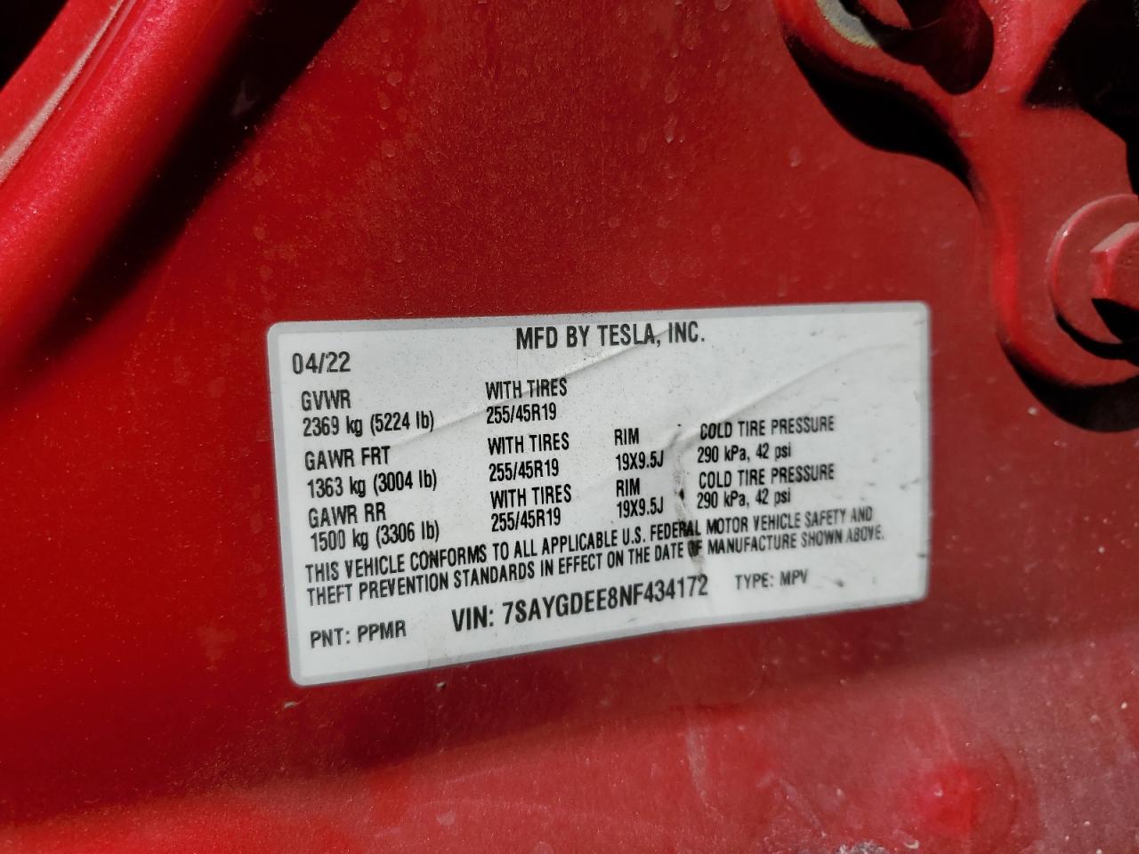 2022 Tesla Model Y VIN: 7SAYGDEE8NF434172 Lot: 65114215