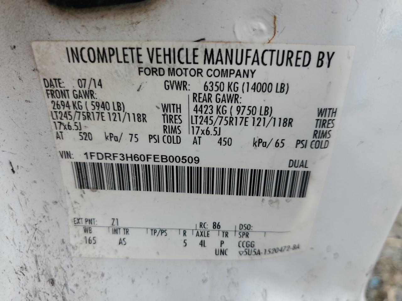 2015 Ford F350 Super Duty VIN: 1FDRF3H60FEB00509 Lot: 63599665
