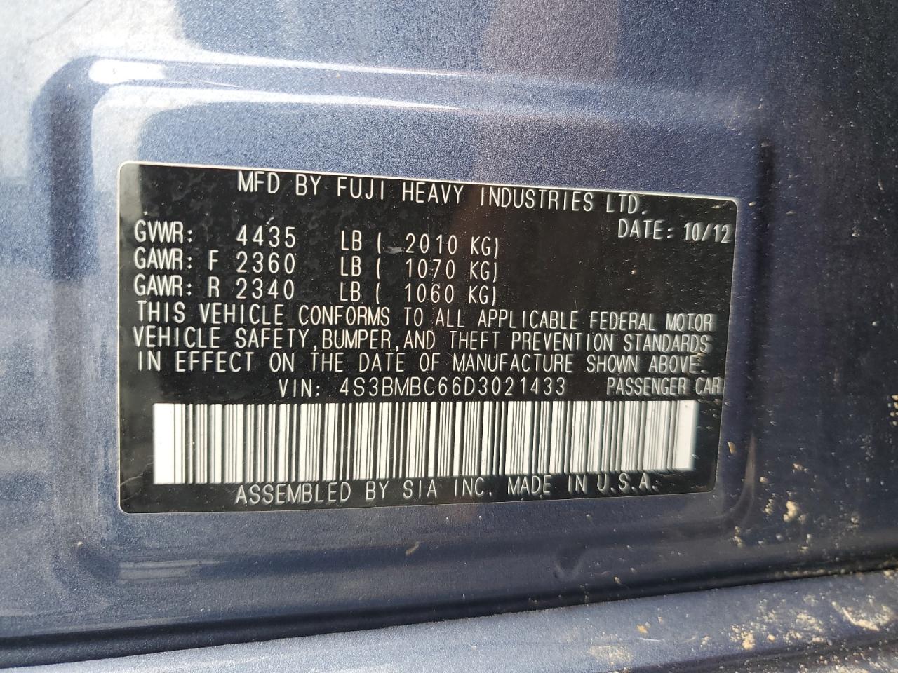 2013 Subaru Legacy 2.5I Premium VIN: 4S3BMBC66D3021433 Lot: 64168475