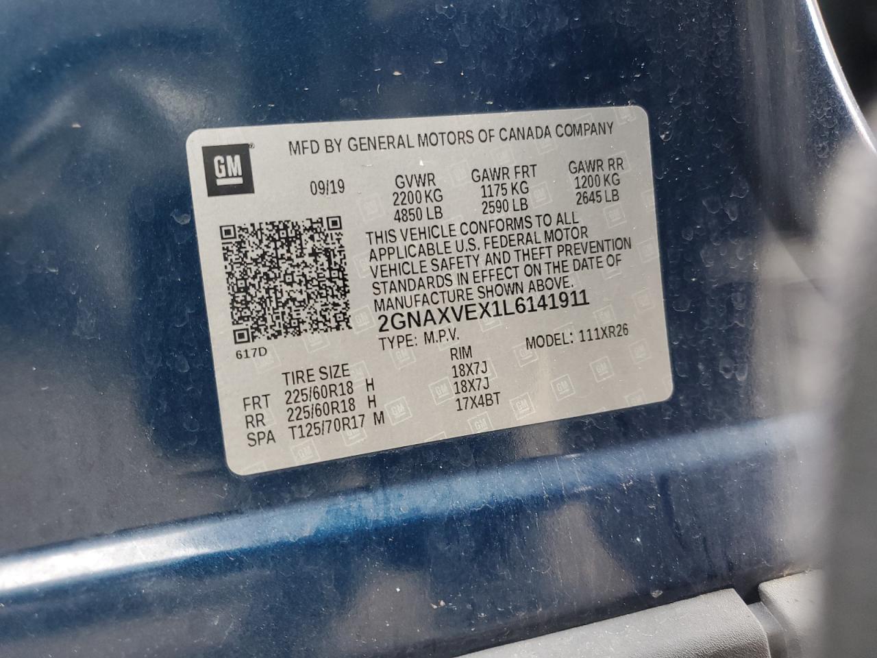 2020 Chevrolet Equinox Lt VIN: 2GNAXVEX1L6141911 Lot: 64898195