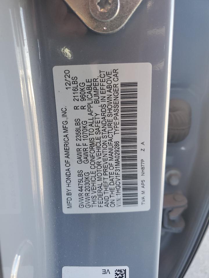 2021 Honda Accord Sport VIN: 1HGCV1F31MA029286 Lot: 65066465