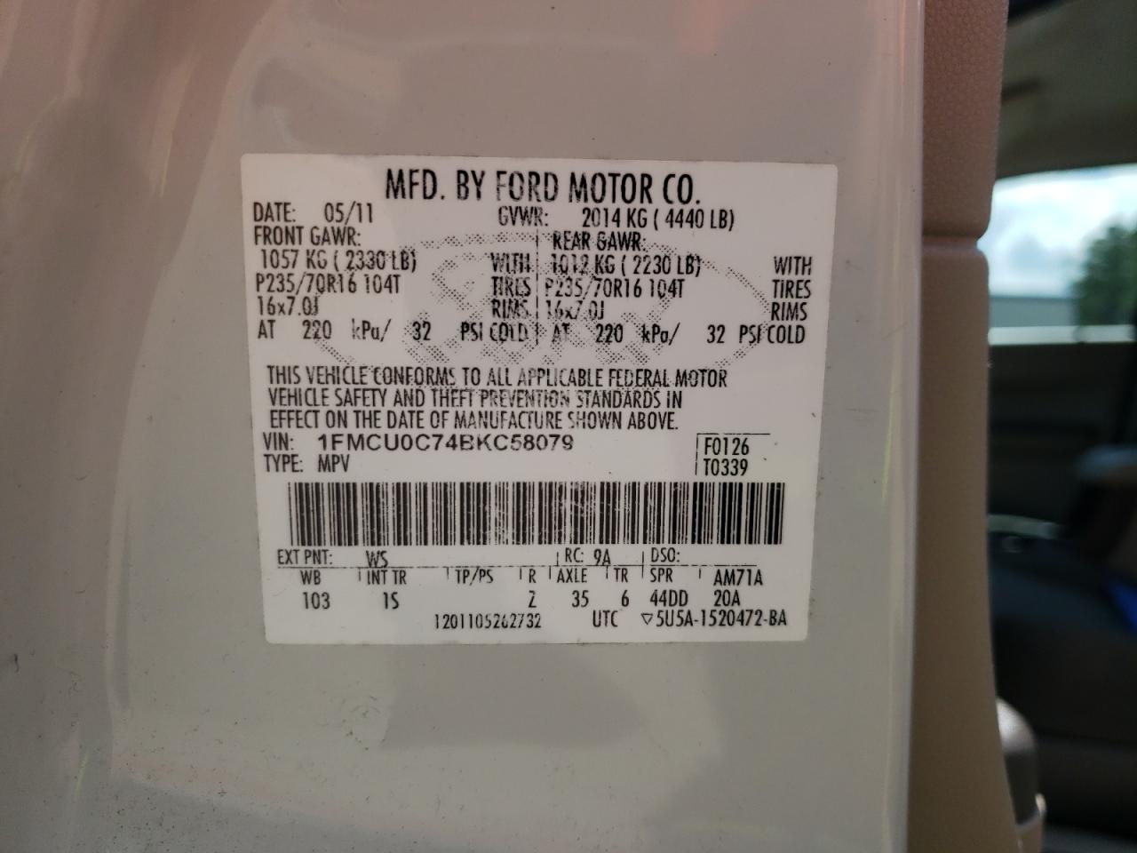 2011 Ford Escape Xls VIN: 1FMCU0C74BKC58079 Lot: 65233175