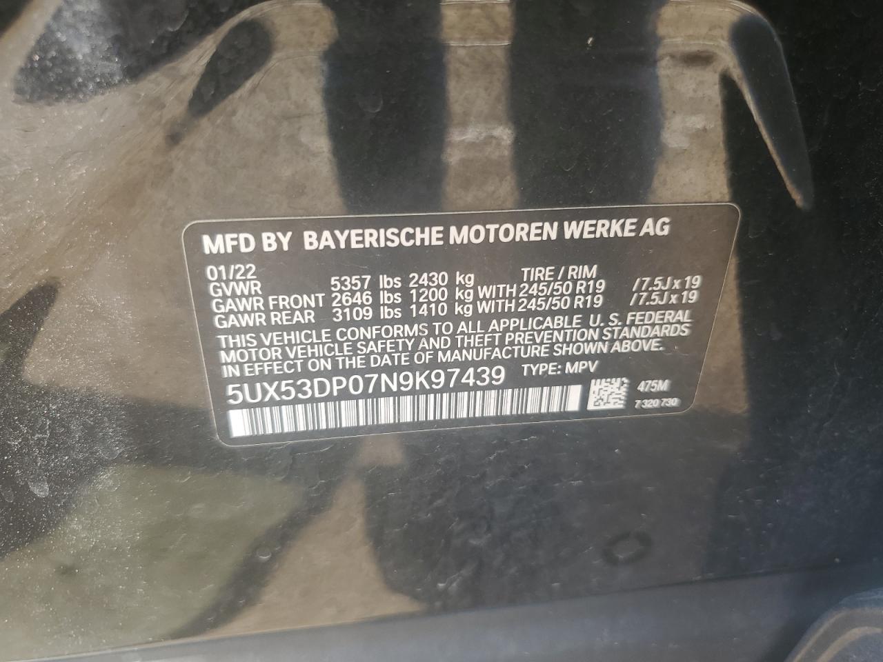 2022 BMW X3 xDrive30I VIN: 5UX53DP07N9K97439 Lot: 63067515